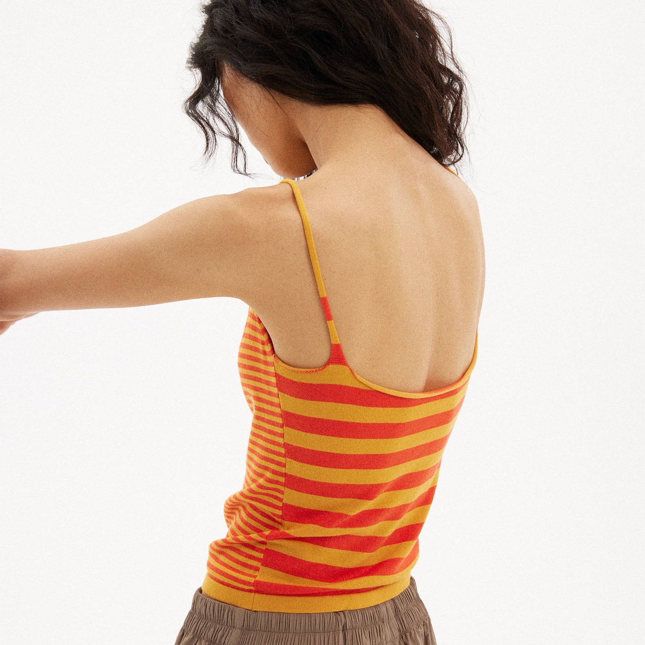 Original Fine-Striped Orange Camisole with Side Breast Coverage, Large Neckline, Stretchy, Slim-Fit, Flattering Short Tank Top, Cool for Summer