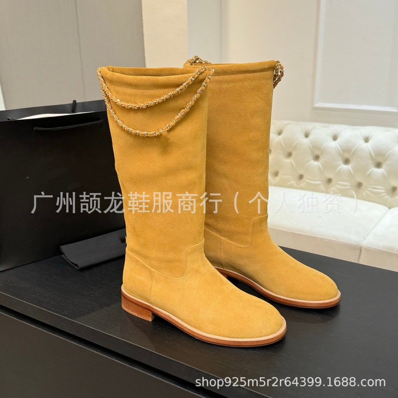 高端2025秋冬小香真皮圆头金属链条平跟套筒高筒骑士靴不过膝长靴|undefined