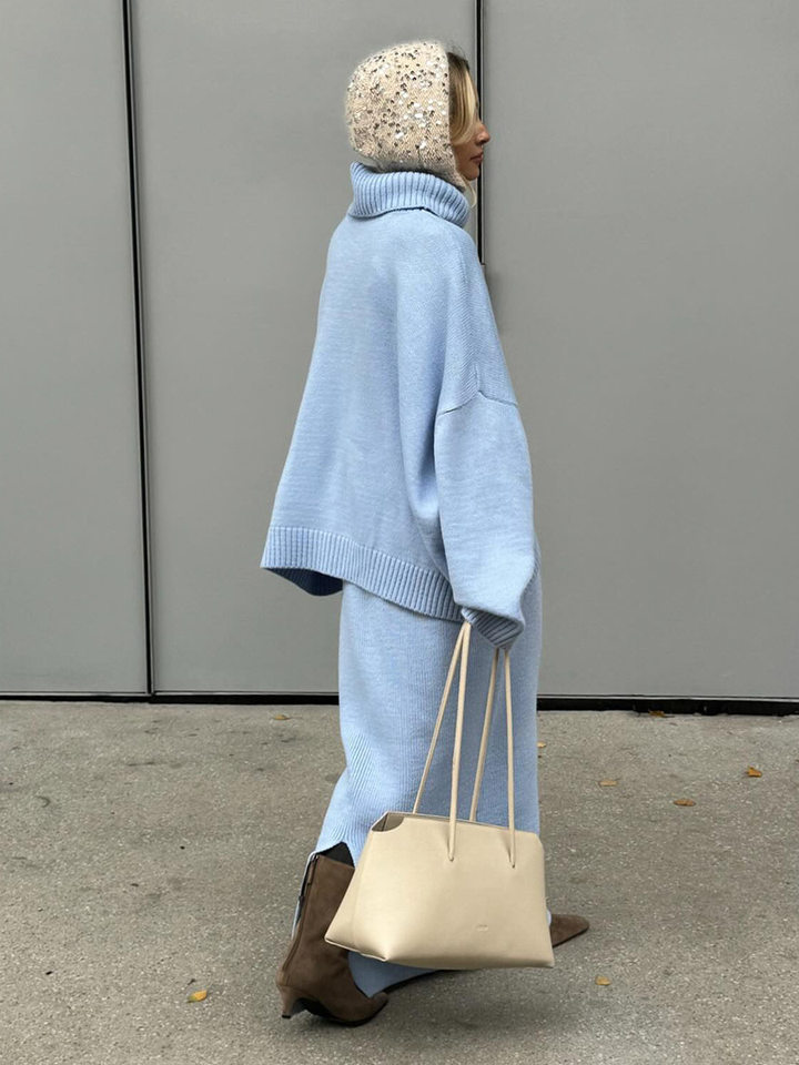 Bộ đầm áo len cổ cao dài tay phối chân váy dài dệt kim form rộng nữ — 50% Visco, 30% Polyester, 20% Nylon, Màu trắng be, Màu xanh lam, Màu xám chi tiết 12