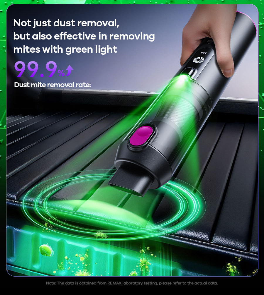 REMAX Rui Liang car-mounted, cordless, brushless vacuum cleaner with integrated blowing and suction functions, featuring a built-in light and long battery life for convenient portability