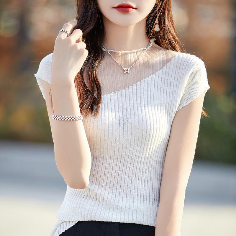 Internet Popular New Arrival All-Match French-Style Translucent Sweater Short-Sleeved T-Shirt Women's Summer Shoulder Sleeveless Ice Silk Top