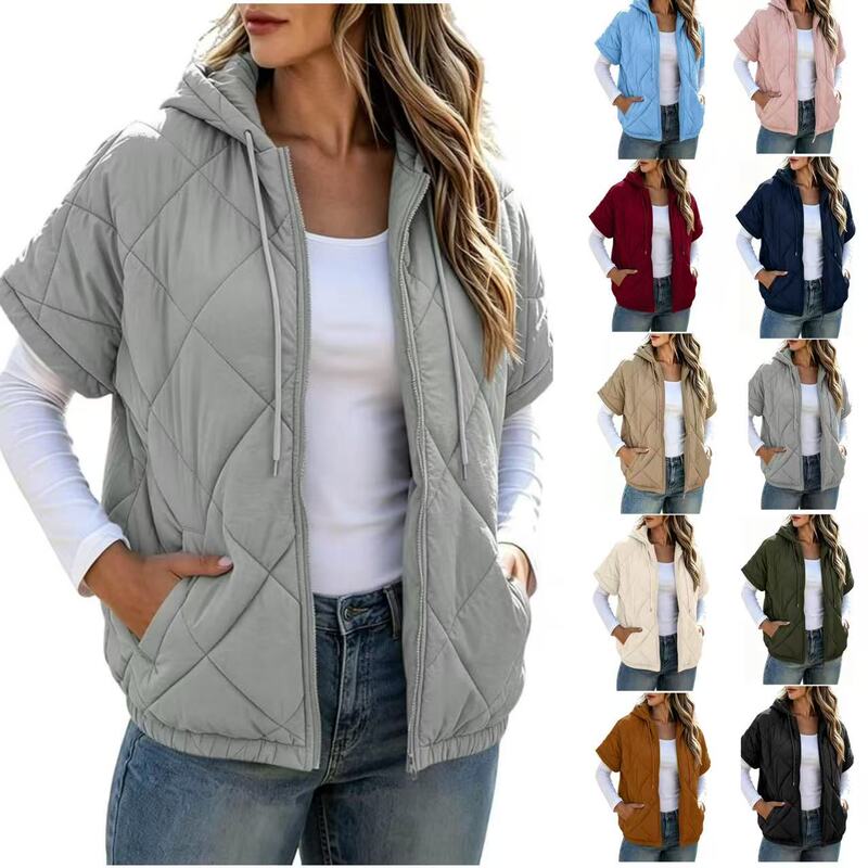 2026 European and American cross-border women's autumn and winter fashion quilted cotton vest with hood, pockets, and diamond pattern