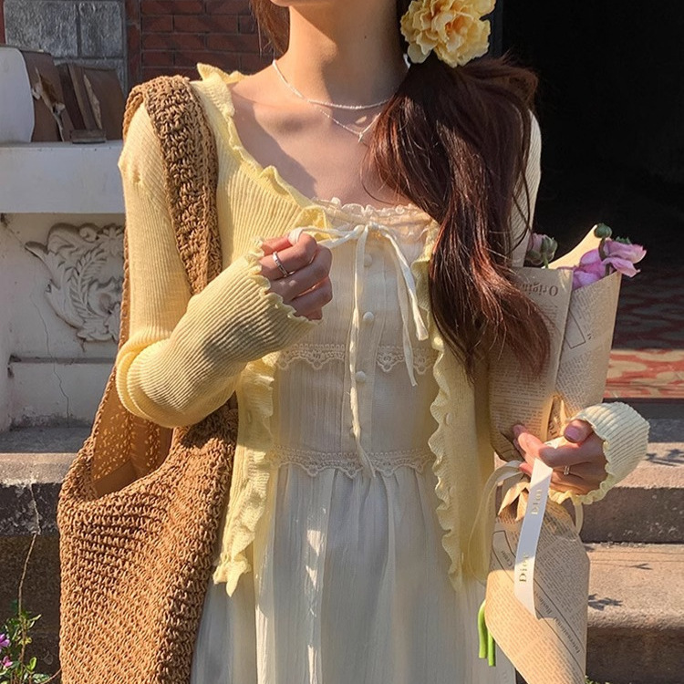 Sweet Ruffled Knit Cardigan 2025 Summer New Korean Style Gentle Girl Top with Skirt Jacket