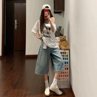 浅色竹节纹阔腿七分裤女夏高腰宽松直筒七分牛仔裤女显瘦裤子女款
