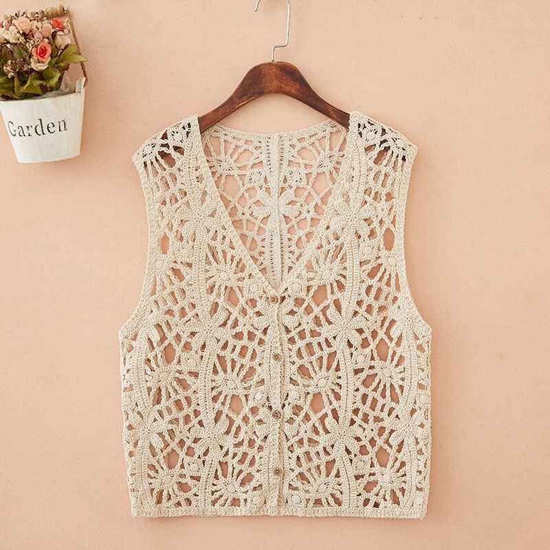 Hollow-Out Crochet Vest for Women, Summer Pure Cotton Outerwear, Sleeveless Cardigan, Knitted Small Vest Top