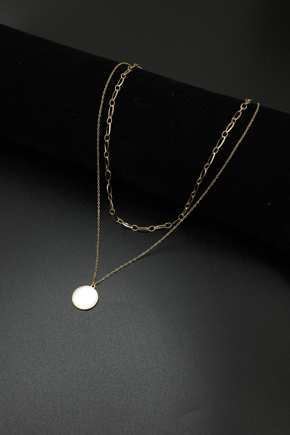 simple double layered round pearl pendant stainless steel necklacepicture6