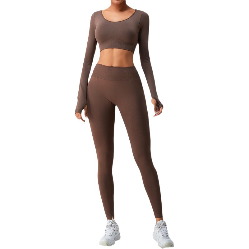 Ropa de Yoga de manga larga europea y americana transfronteriza tops de mujer espalda cruzada V cintura melocotón pantalones de yoga deportes ropa de fitness traje