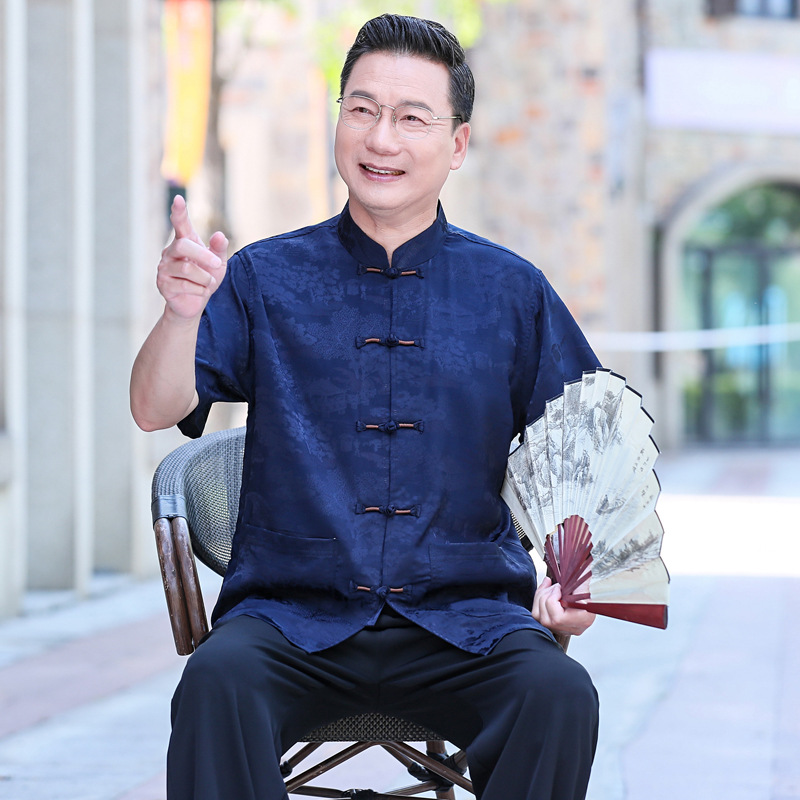 小桥流水唐装男装中老年夏季短袖冰丝爸爸套装中国风休闲爷爷夏装