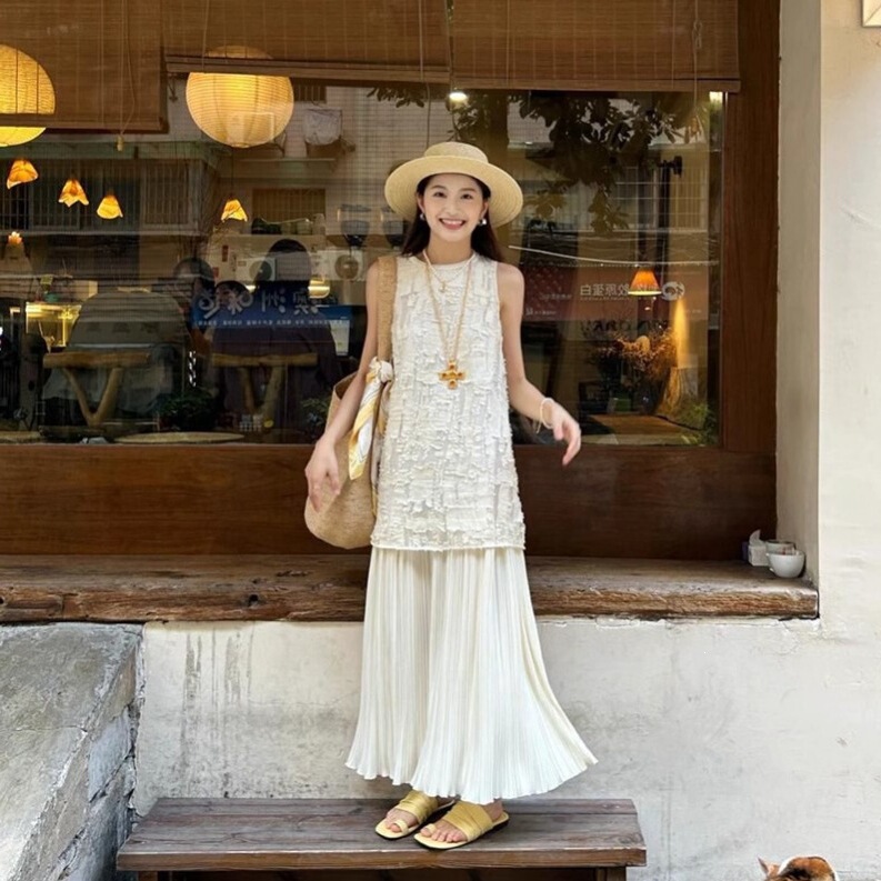 Exquisite and Beautiful Seaside Resort Style Patchwork Dress for Women, New Summer Style Retro French High-Waisted Vest Dress