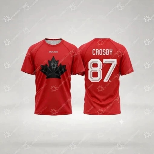 Canadian ice hockey red T-shirt with 3D printed names and numbers of Mike DeCerbo 97, Crosby 87, and McKinon