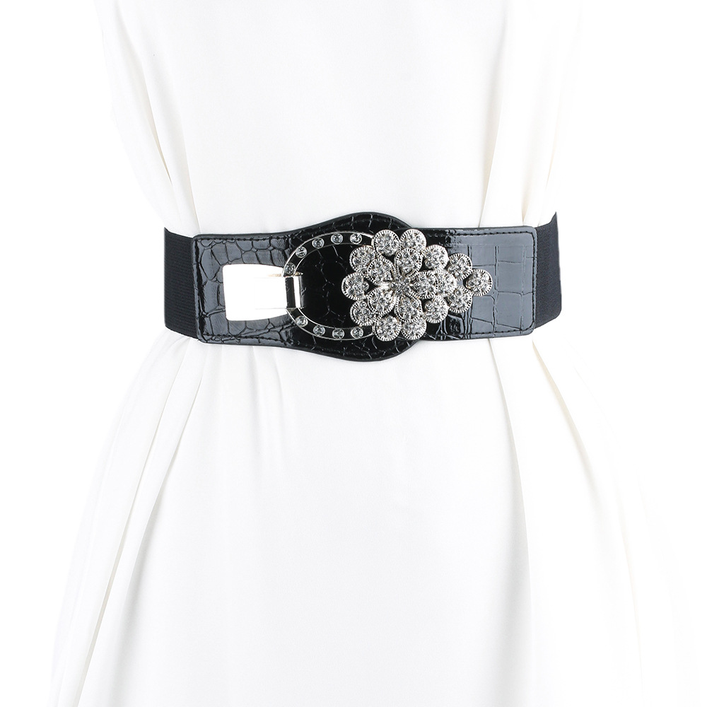 Cintura larga elastica nera alla moda da donna con decorazioni di diamanti, vestito, cappotto, chiusura in vita, strass, ragazza alla moda e paffuta_voghion.com
