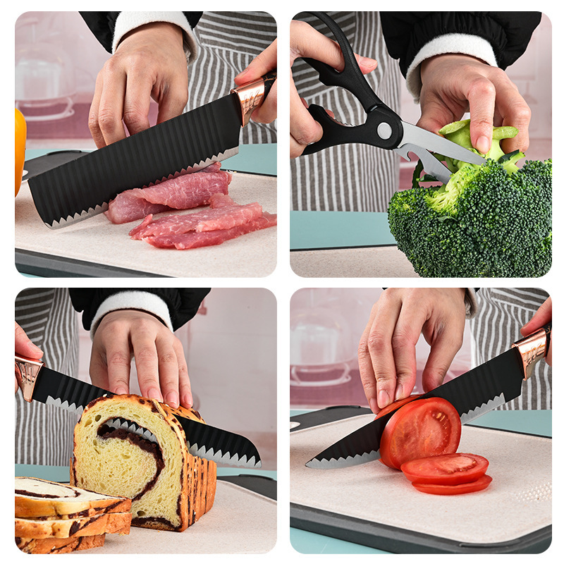 Cuchillo de cocina de mármol de mango de grasa de seis piezas de cuchillo de caja de regalo ondulado paquete de cuchillo de acero inoxidable de cocina