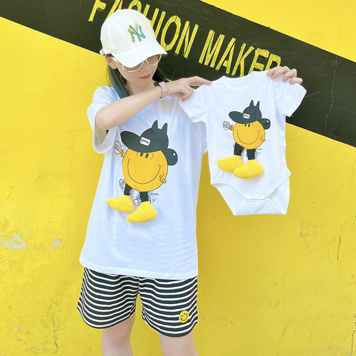 Summer 2024 Parent-Child Set Fashion Cartoon Print Short-Sleeve T-shirts for Kids and Toddlers Climbing Suit Onesie for Summer