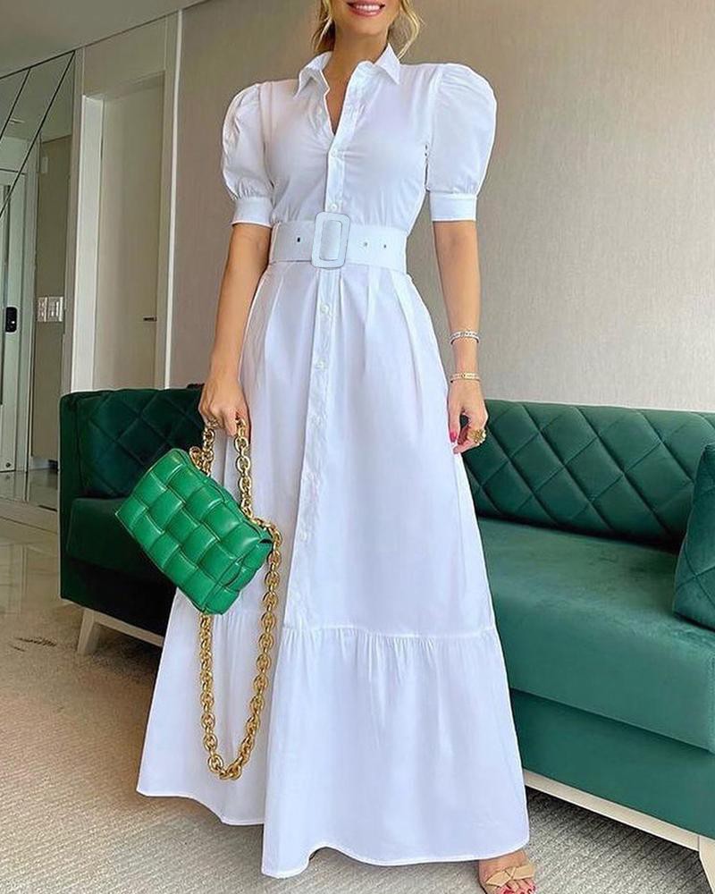 Femmes Robe Chemise Décontractée Refuser Manche Courte Bande Couleur Unie Maxi Longue Robe Du Quotidien display picture 2