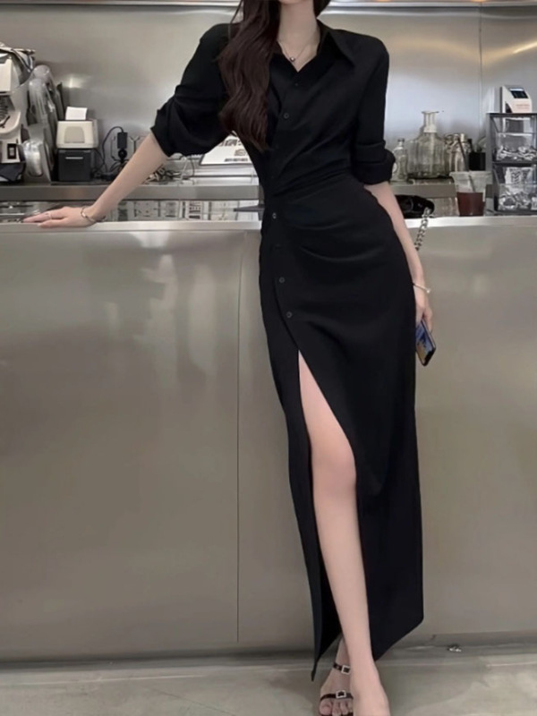 秋季新品法式高级感翻领单排扣衬衫连衣裙女气质|undefined