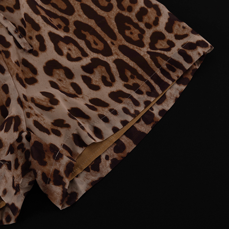 Vacation Summer Leopard Print Loose Outfit Sexy See through Long Sleeves Shirt Shorts Two Piece Set