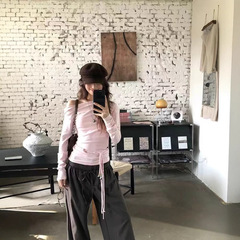 韩系辣妹斜肩设计感长袖t恤女2025秋季新款收腰修身显瘦腰绳上衣