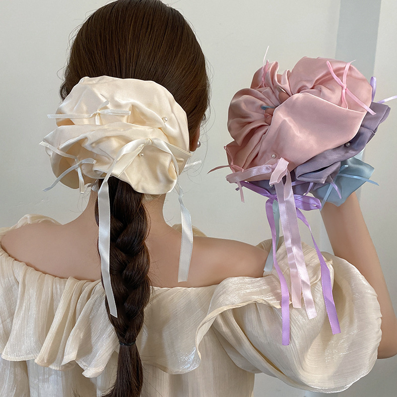 Extra Large Pearl Bow Ribbon Hair Tie, High-End Satin Hair Tie, Korean Hair Accessories, Headband, Bridal Accessories