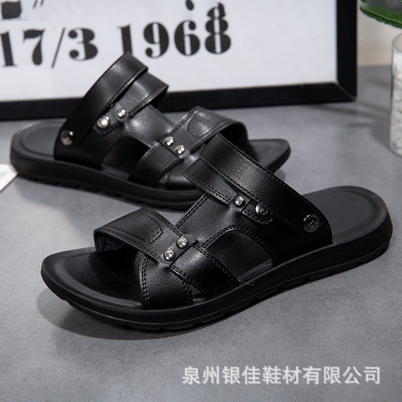 Dép sandal nam quai ngang da PU chống trơn trượt, thoáng khí đi biển mùa hè — Nâu vàng, Nâu Đen