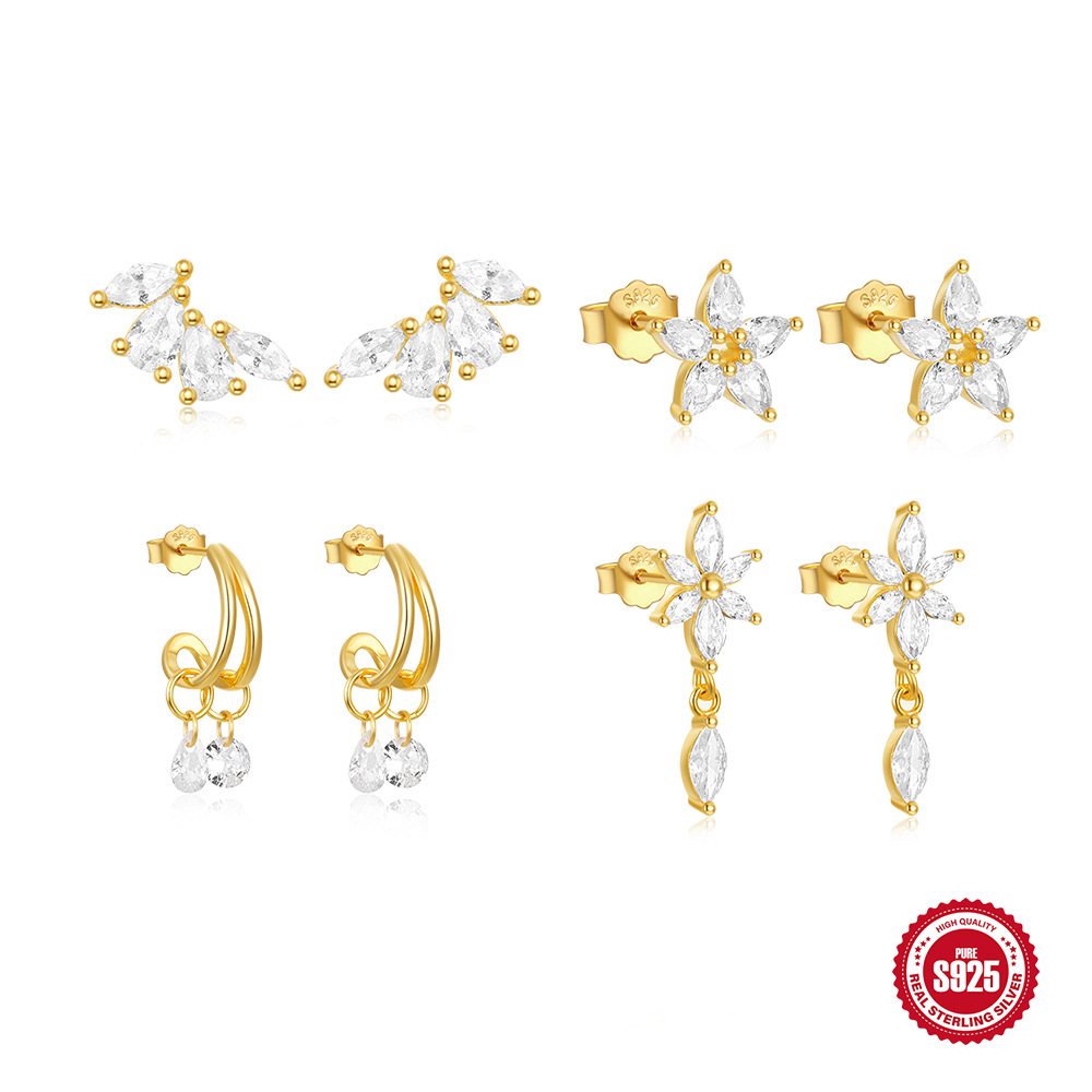 Pendientes de lujo ligero transfronterizo s925 ins de plata metal geométrico viento ojo de caballo flor gota de agua circón todo fósforo pendientes