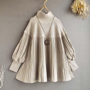 Foreign Trade Women's Clothing 2025 Spring, Autumn and Winter New European and American Clothing Knitted Splicing High Collar Lantern Sleeve Loose Top for Women