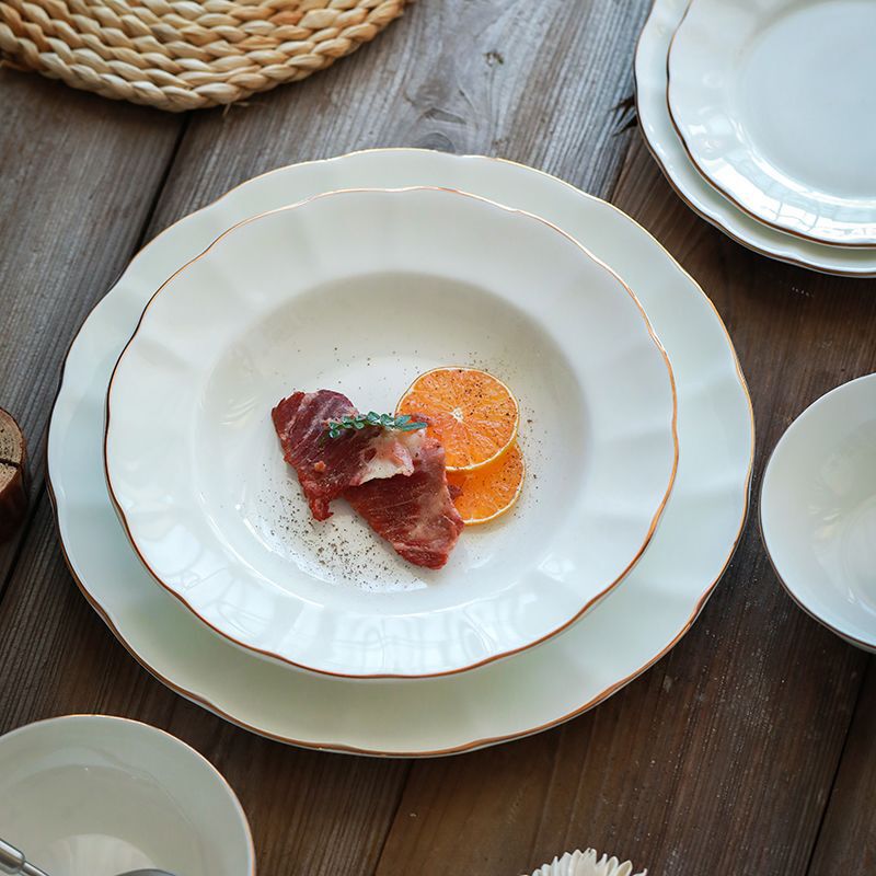 French-Style Embossed High-Quality Household Bowls and Plates, Gold-Rimmed Ceramic Bowl and Plate Set, Rice Bowl, Housewarming Ceramic Tableware Set French-Style Embossed High-Quality Household Bowls and Plates, Gold-Rimmed Ceramic Bowl and Plate Set, Rice Bowl, Housewarming Ceramic Tableware Set