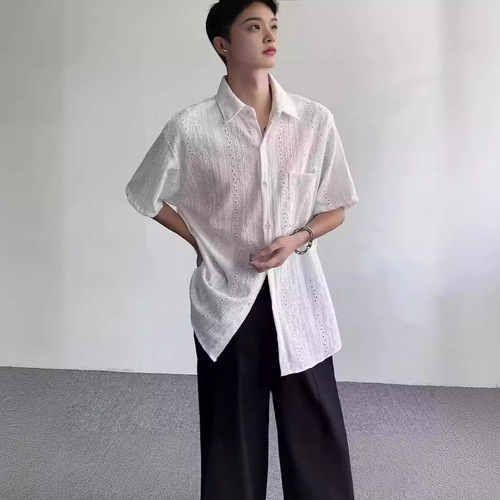 Men's summer casual thin short-sleeved plain shirt, five-point collar, trendy brand, cool style.