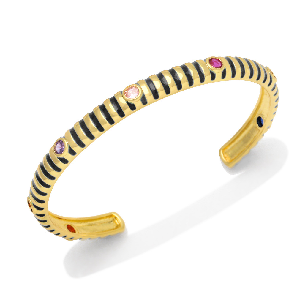 Fashion Simple Female Bohemian Multicolor Zircon Drop Oil Open-Ended Copper Bracelet