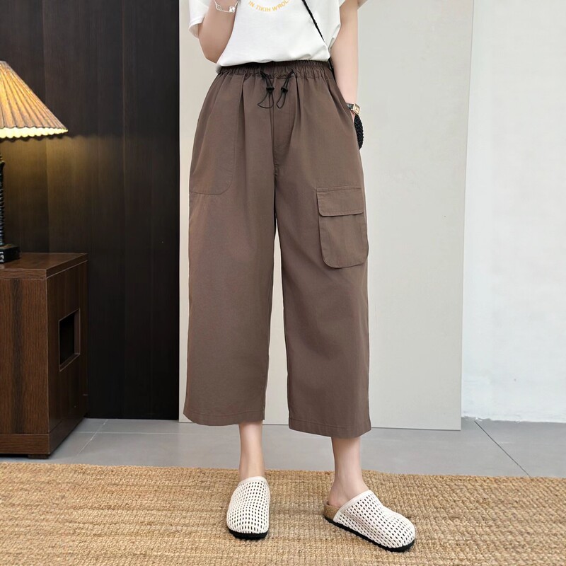 2026 Summer New Artistic Workwear Pocket Cropped Pants for Women, Elastic Waist, Loose Wide-Leg Pants, Versatile and Slimming 26155