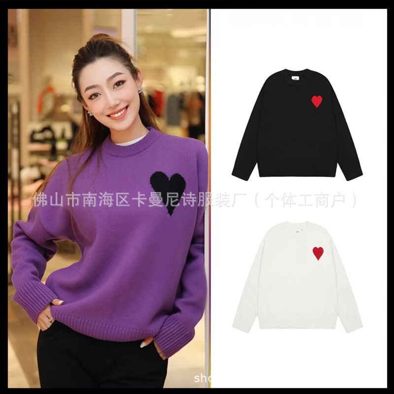 Cross-Border Am Knitwear Classic Round Neck Big Heart Jacquard Pullover Knitwear Loose and Lazy Casual Couple Wear Trend