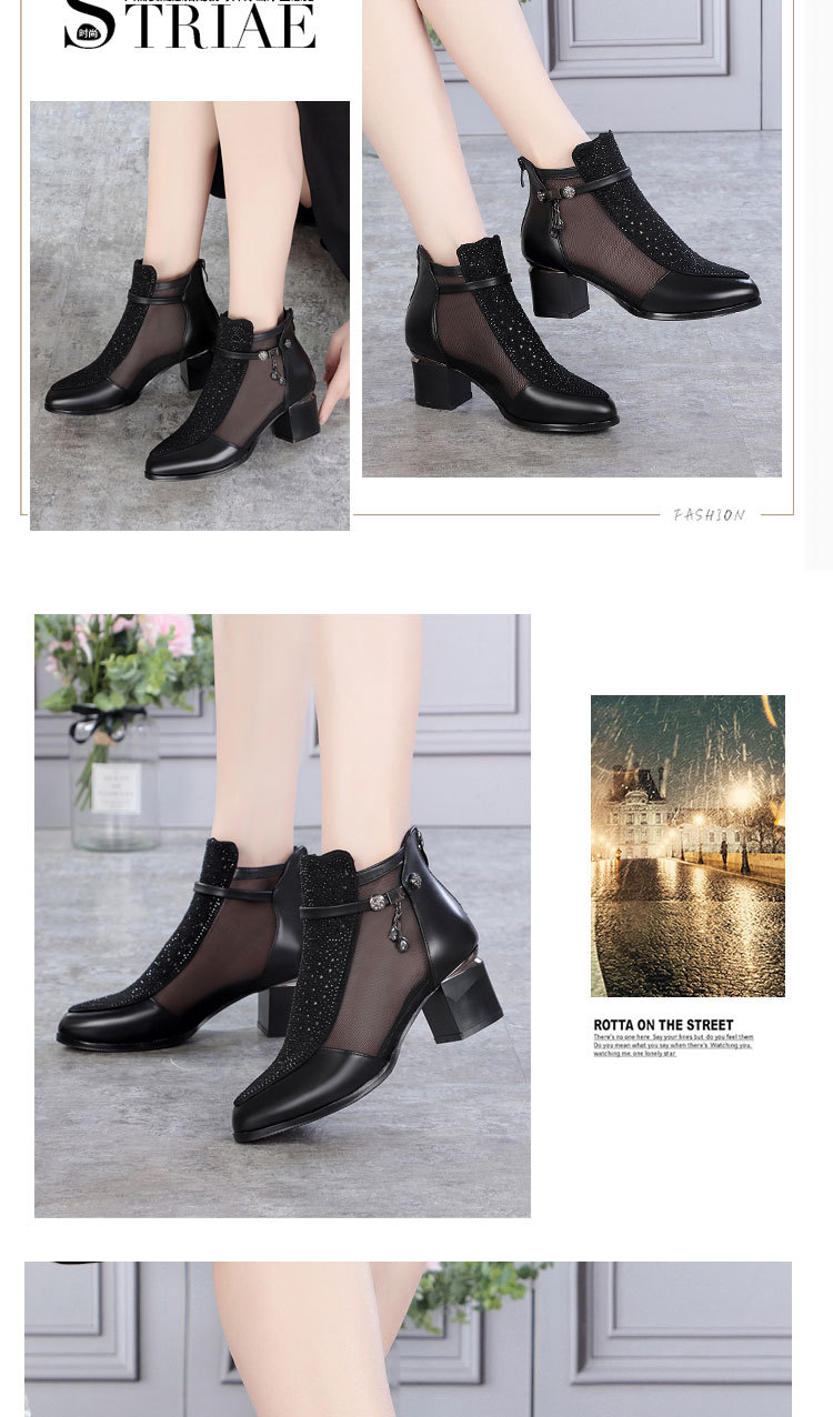 Giày boot nữ cổ thấp da thật lưới thoáng khí gót dày — đen chi tiết 4