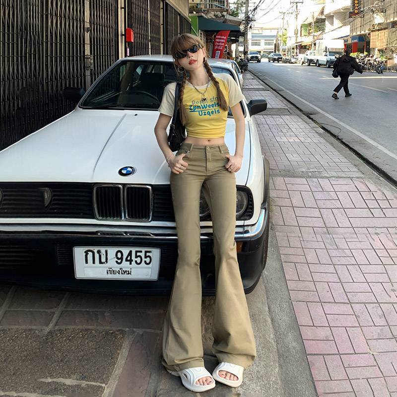 批发美式复古低腰辣妹修身喇叭裤百搭显瘦弹力牛仔裤女长裤加长|undefined