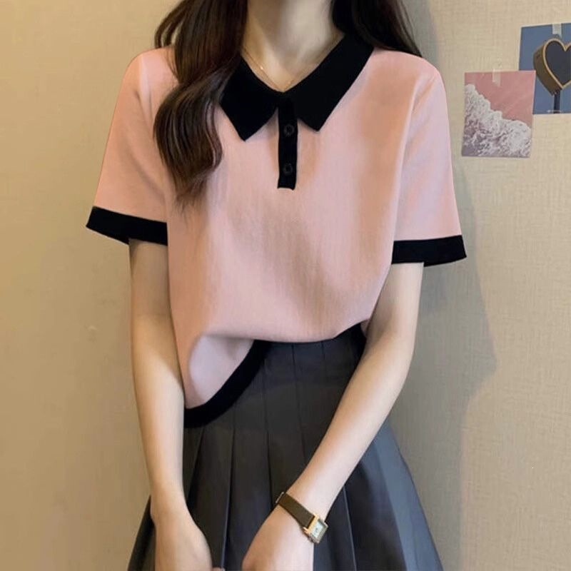 Summer Color-Blocked Polo Collar Short-Sleeve T-Shirt for Women, Japanese Retro College Style, Unique and Distinctive Design Top Summer Color-Blocked Polo Collar Short-Sleeve T-Shirt for Women, Japanese Retro College Style, Unique and Distinctive Design Top