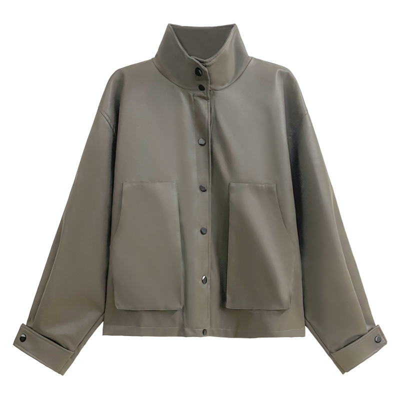 Nueva chaqueta de cuero de PU de la motocicleta de Bolsillo grande para adelgazar suelta Estilo retro de Hong Kong de manga larga collar de pie abrigo corto para mujeres Otoño e Invierno