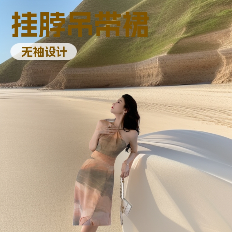쉬폰 민소매 슬릿 홀터넥 드레스, 홍콩 스타일 허리라인 강조 해변 휴가용 롱 드레스, 비치 드레스, 휴가룩