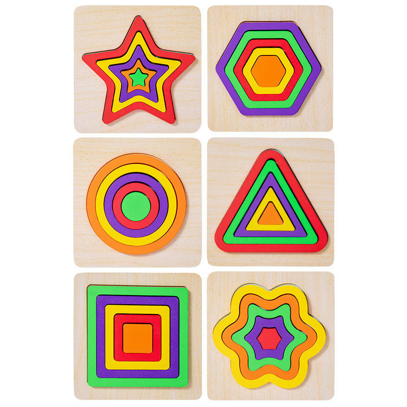 Montessori Educación temprana Rompecabezas tridimensional de madera para niños Rompecabezas de imposición Formas geométricas Cognición Juguetes para bebés y niños pequeños