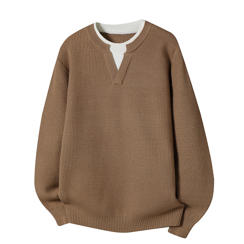 Explosiones transfronterizas de tamaño grande europeo falso dos piezas de camisetas de punto de cuello en V suéter masculino empalmado suéter de invierno y otoño fábrica de tendencia mayorista