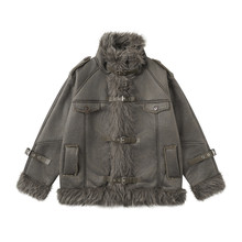 皮毛一体冬季男士外套欧美潮牌防寒保暖加厚高领棉服绑带扣设计感