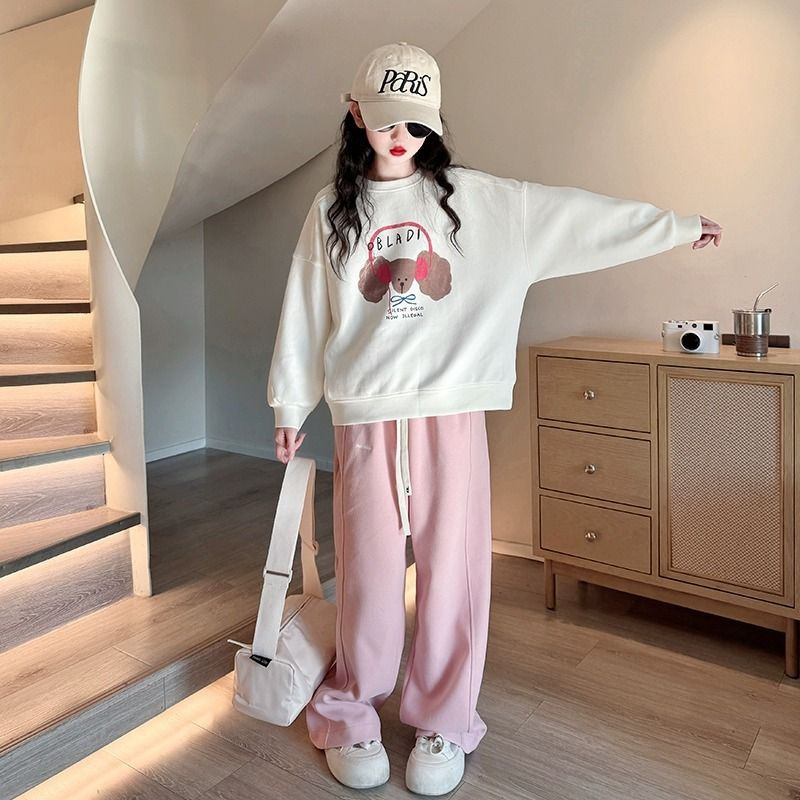 Traje para niñas Otoño 2024 Nuevo suéter de moda de primavera y otoño de dos piezas Pantalones anchos de estilo occidental Ropa de otoño para niños de mediana edad