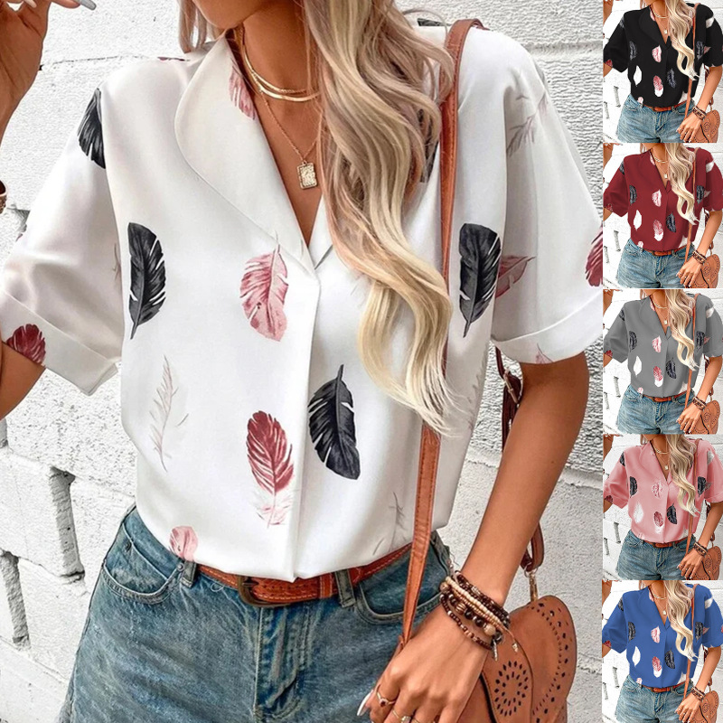 Summer 2023 Amazon ebay cross-border new European and American women's lapel feather print shirt short sleeve shirt