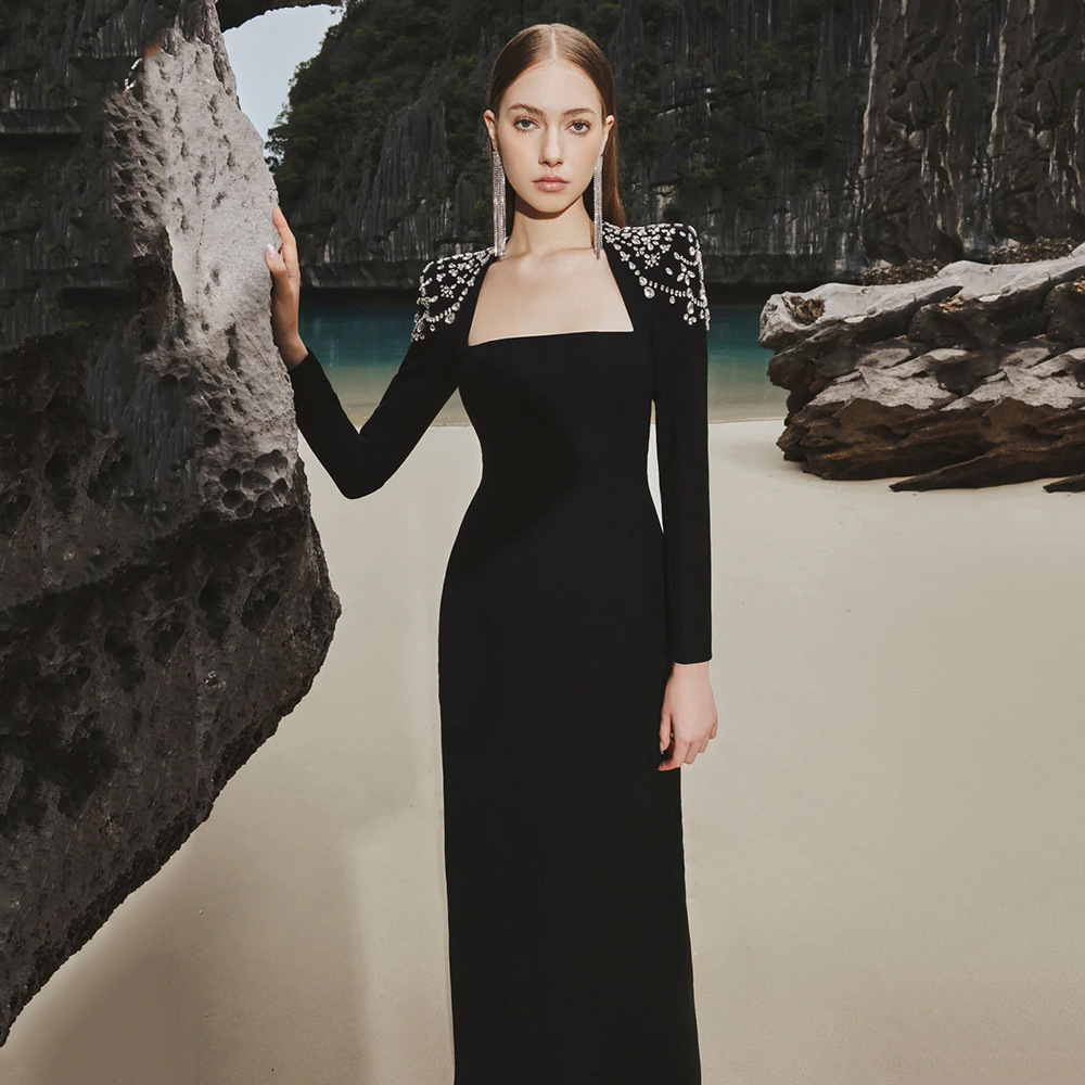 Elegant Rhinestone Embellished Bandage Dress Square Neck Long Sleeved Women's Evening Gown for Parties And Banquets European American Style_ecoleips.com