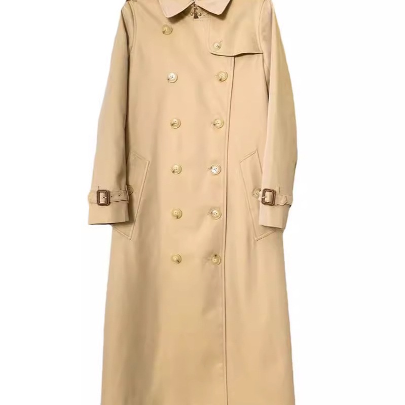 British Style Double-Breasted Slim Fit Long Trench Coat with Back Slit for Women, Gabardine Cotton Classic Kensington Long Trench Coat