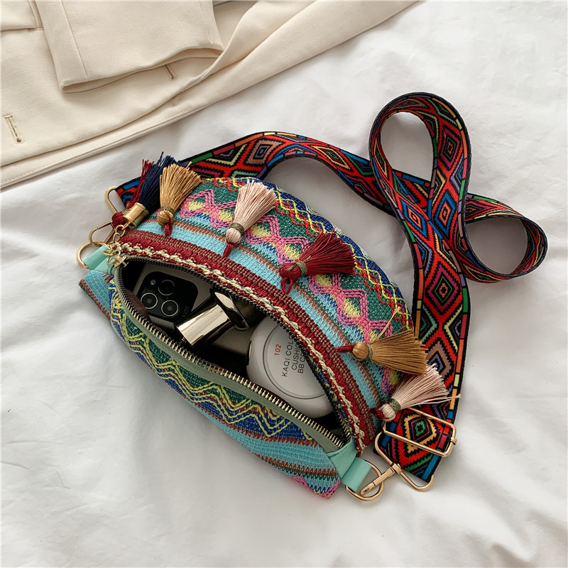 Venda quente pequeno peito perfumado tecido estilo étnico cor contrastante borla nova fita cintura bolsa crossbody tendência_voghion.com