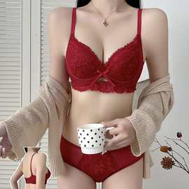 原版内衣女薄款大胸显小缩胸收副乳调整型胸罩法式蕾丝文胸套装