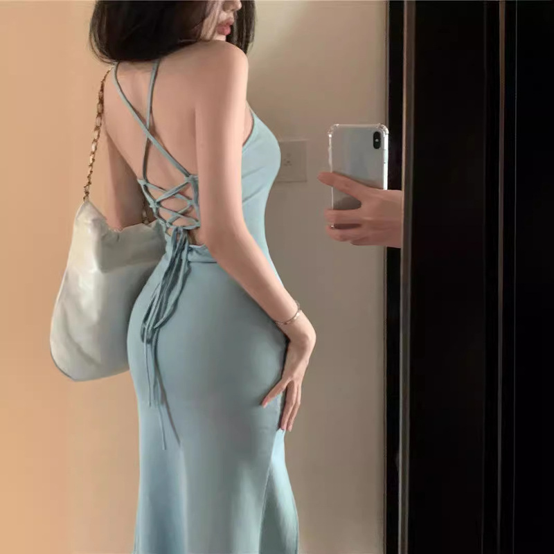 Sexy Backless dress Women's Summer 2024 New Arrival French Style Retro Slim-Fit Slimming Strap Bag Hip Sling Skirt