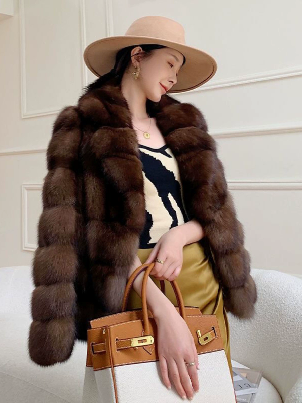 Пальто в sable-стиле, европейская легкая роскошь, chestnut eco‑fur, тёплое, размерыS–L