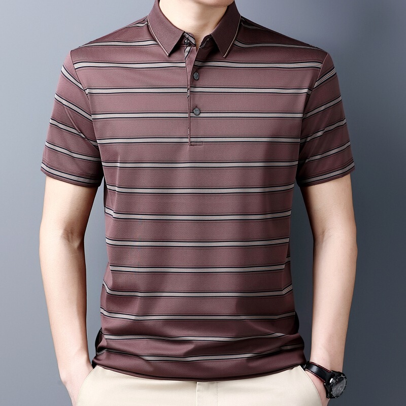 High-end 100% genuine goods silk men's short-sleeved T-shirt striped lapel mulberry silk middle-aged father's thin top High-end 100% genuine goods silk men's short-sleeved T-shirt striped lapel mulberry silk middle-aged father's thin top