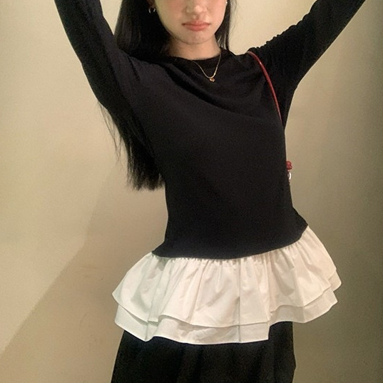 Ballet-Style Lace Patchwork Long-Sleeve T-Shirt for Women, Black Slim-Fit Inner Wear, New Autumn Slimming Base Shirt Top