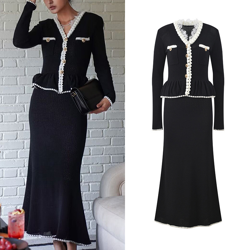 2026 Spring New French Style Hollow Out Waist-Cinching Ruffle Fake Two-Piece Long Mermaid Knit Dress 2026 Spring New French Style Hollow Out Waist-Cinching Ruffle Fake Two-Piece Long Mermaid Knit Dress