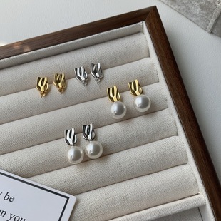 S925 Sterling Silver Pearl Empty Earrings Accessories Retro Pleated Asymmetrical Earrings Earrings DIY Semi-Finished Silver Earrings